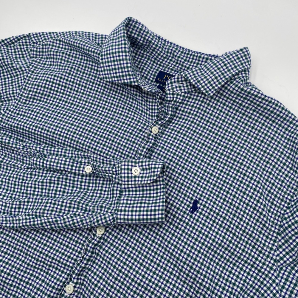 Polo Ralph Lauren Slim Fit Gingham Shirt Men XXL Green Navy Blue Check Button Up